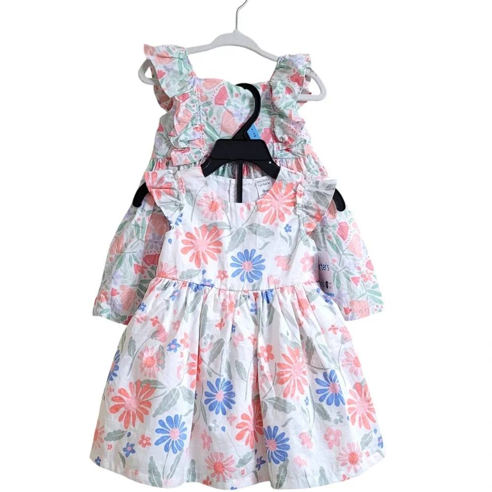 Lot of 2 Carter's‎ Baby Girl Dresses 9 Month Layered Floral Ruffle Sleeves Lined